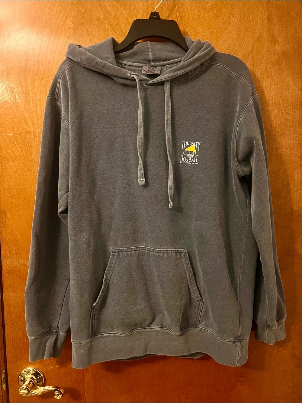Comfort Colors Salty Dog Cafe faded gray pullover hoodie with small chest logo